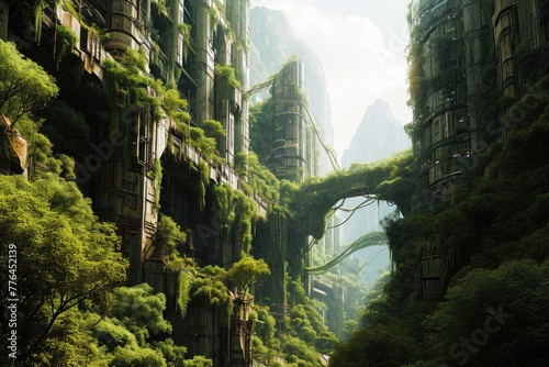 A city in the future covered in greenery, forest and trees filled the Megopolis , Abandoned , Empty streets, overgrown, alternative, photo