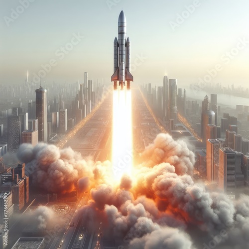 Rocket launch with fire isolated on a white background