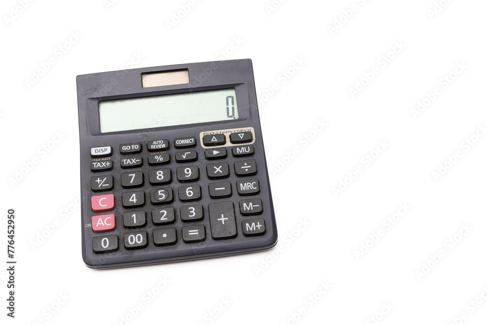 Angled view of a simple black calculator with a blank display, isolated on a white background Angled view of a simple black calculator with a blank display, isolated on a white background