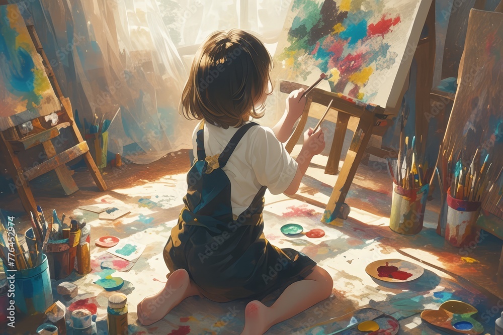 A young girl painting on the floor with paint and colorful paints, wearing an apron, sitting in front of her canvas. She is holding brushes or palette knife to create vibrant colors.  - obrazy, fototapety, plakaty 