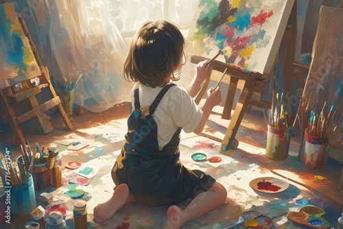 A young girl painting on the floor with paint and colorful paints, wearing an apron, sitting in front of her canvas. She is holding brushes or palette knife to create vibrant colors. 