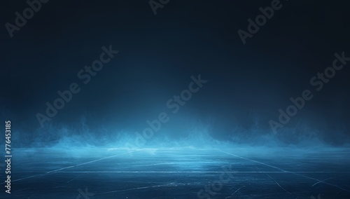 Abstract background of ice rink with smoke and fog on black, panorama 