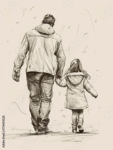 drawing line about father and daugther checkhand and walk togather - generative ai photo