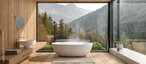 A large bathtub in a bathroom with a mountain view © Emin