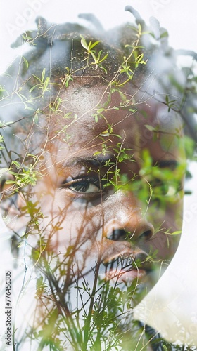 Double exposure of a black child and nature