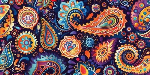 Vibrant classic paisley infused with 60s inspired psychedelic twists filled with symbols of peace love and spirituality, colors are bold yet harmonious created with Generative AI Technology