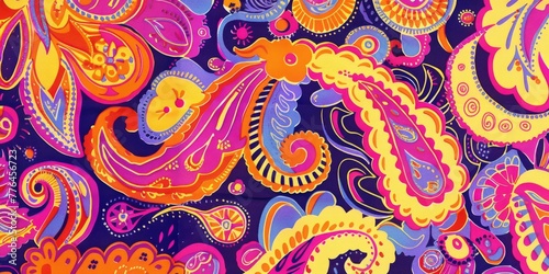 Vibrant classic paisley infused with 60s inspired psychedelic twists filled with symbols of peace love and spirituality, colors are bold yet harmonious created with Generative AI Technology