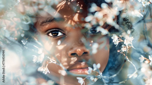 Double exposure of a black child and nature