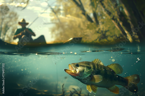 A bass fish caught in the golden light  with an angler in silhouette.