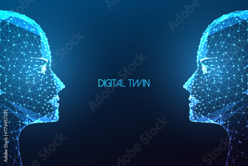Digital twins, artificial intelligence futuristic concept with two identical faces facing each other