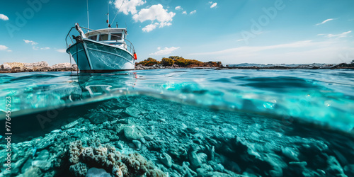 Split view of boat above and vibrant coral reef below water. Panoramic image with copy space. © NILSEN Studio