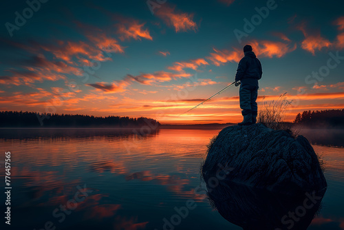 Lone angler silhouetted against a tranquil lakeside sunset.