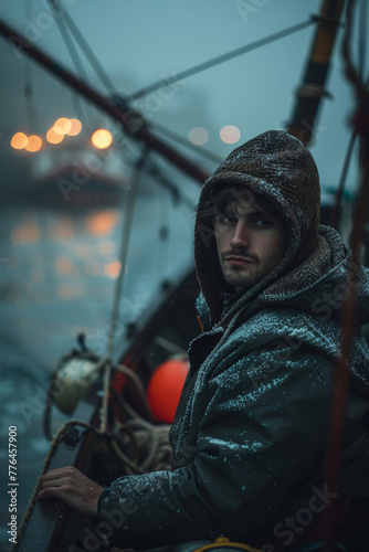 A focused man in a hooded jacket braves the snow, reflecting a life at sea.