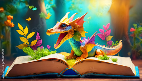 Enchanted Book - A Colorful Dragon Emerges from a Storybook in a Magical Forest