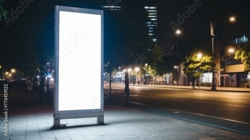 Empty vertical white blank billboard on the street at night