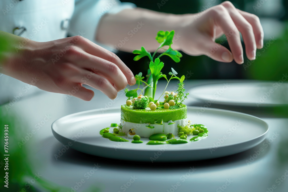Chef crafting a vegan haute cuisine dish with fresh ingredients Chef crafting a vegan haute cuisine dish with fresh ingredients