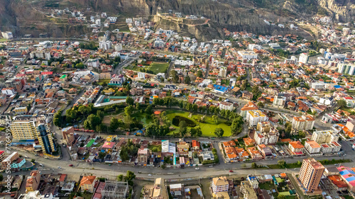 La Paz, Bolivia, aerial view flying over the dense, urban cityscape. San Miguel, southern distric