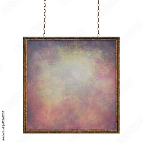 Wooden empty dirty sign hanging on iron chains. Square frame with a grunge colored surface. Signboard isolated on white