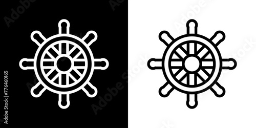 Ship steering icon. Sea icon. Fish. Pope. Shark. Ship. Coral reefs. Dolphins. Starfish. Octopus. Crab. Lobster. Shrimp. Sea Logo. Black icon. Black line icon.