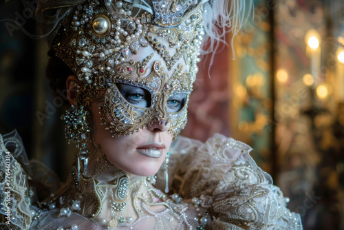 Portrait of a beautiful young woman in a Venetian mask. 