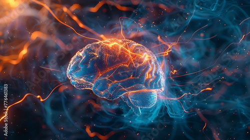 a luminous  3D representation of the human brain enveloped in electric-like currents.