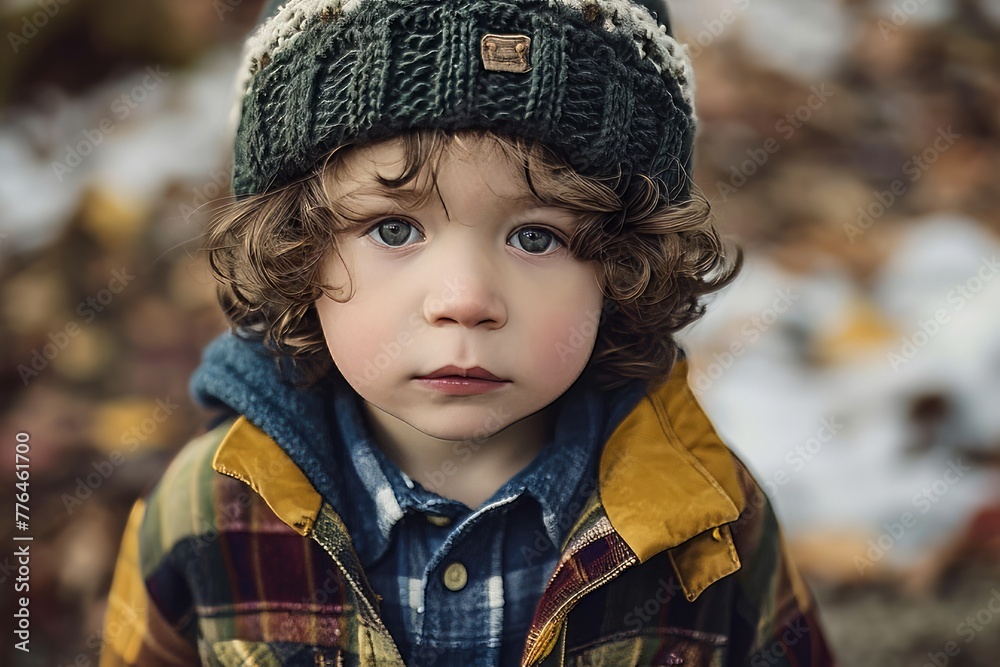 Portrait of a cute little boy in a knitted hat in the autumn park