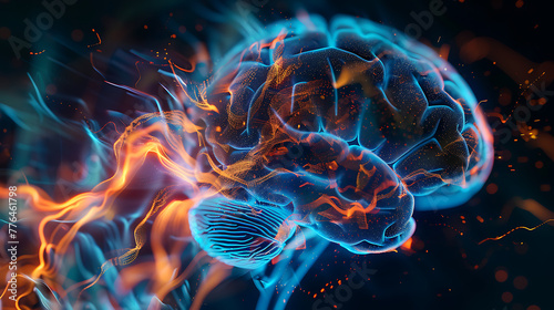 a luminous, 3D representation of the human brain enveloped in electric-like currents.