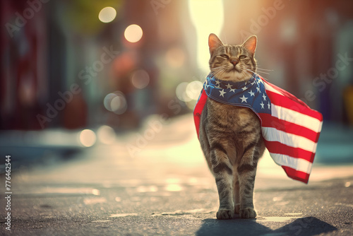 Funny happy patriot cat in New York street with big America flag celebrating 4th of July Independence Day