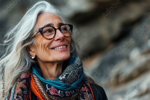 Portrait of a beautiful senior woman in glasses and a scarf.