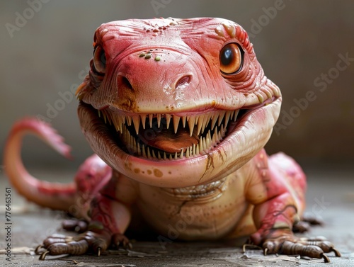 A close up of a red lizard with big teeth and a big smile. Generative AI. photo