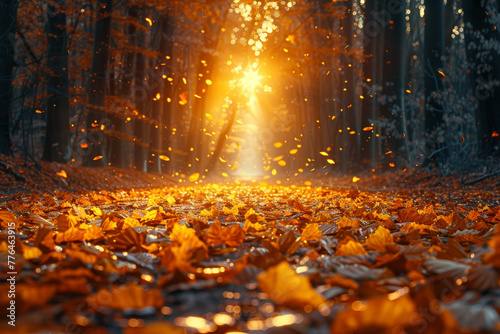 The golden glow of sunlight filtering through autumn leaves  casting a warm and nostalgic light on the forest floor. Concept of seasonal transitions. Generative Ai.