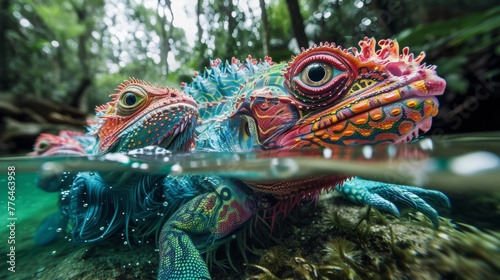 Two colorful lizards swimming in the water together, AI