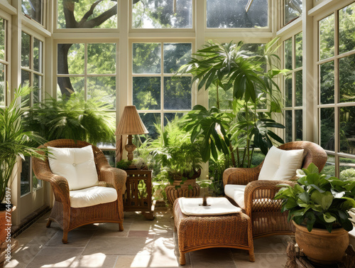 Relaxing Sunroom Oasis with Lush Greenery and Rattan Chairs