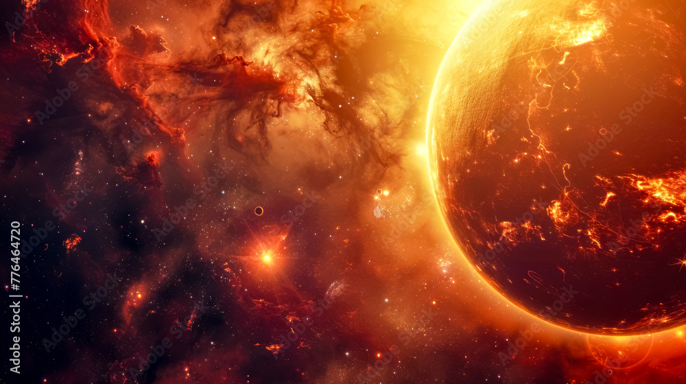 Fiery planet in a vivid cosmic landscape
