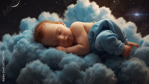 cute baby is sleeping peacefully on a starry cloud, seamless looping animation video background 