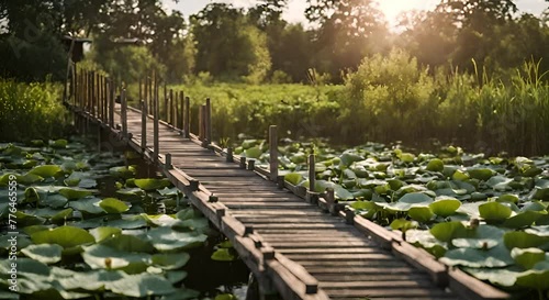 Construction of a wooden river bridge filled with lotus plants photo