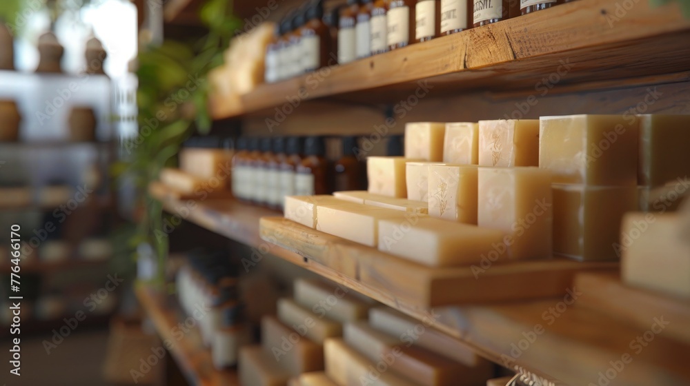 A boutique showcasing handmade soaps and skincare products, with natural ingredients and eco-friendly packaging highlighted in a serene, inviting setting. 
