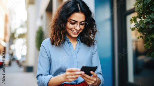 Young Woman Enjoying Smartphone on Urban Street