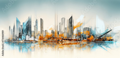 Abstract Watercolor Cityscape in Blue and Orange