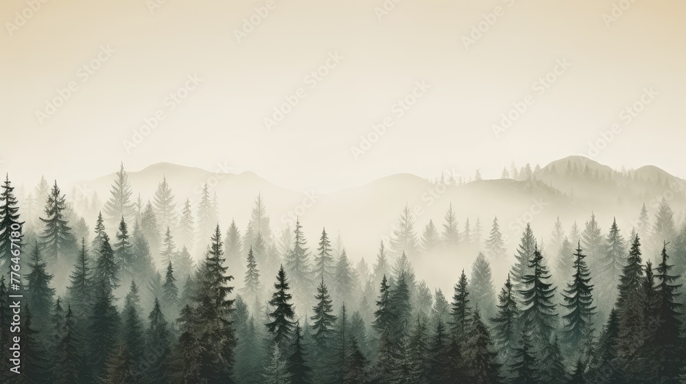 Misty Forest and Mountain Silhouettes at Dawn