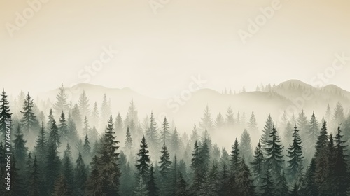 Misty Forest and Mountain Silhouettes at Dawn