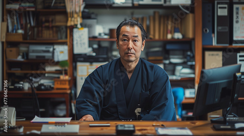 Japanese boss in front of his desk. corporate photography