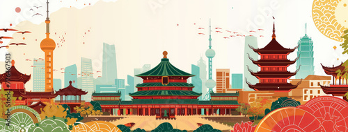 Vibrant Illustration of Chinese Cityscape with Old and New Architecture
