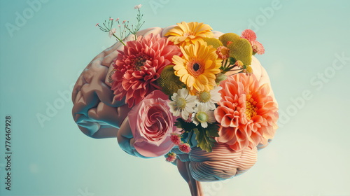 Brain with flowers. Concept of positive thinking and psychological calm