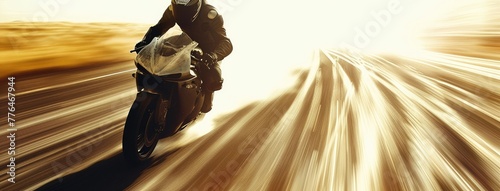 Motorcyclist Racing Against Sunset on Highway
