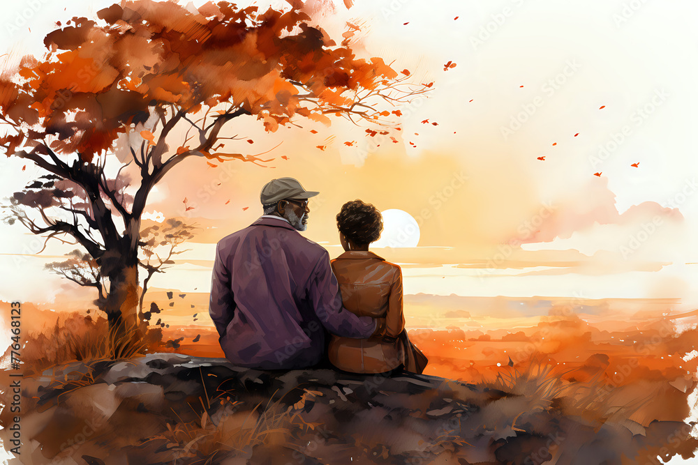 Twilight Years: Sunset Companionship.

A poignant illustration of an elderly couple watching a sunset, symbolizing enduring companionship and the serene beauty of life's later stages, perfect for refl