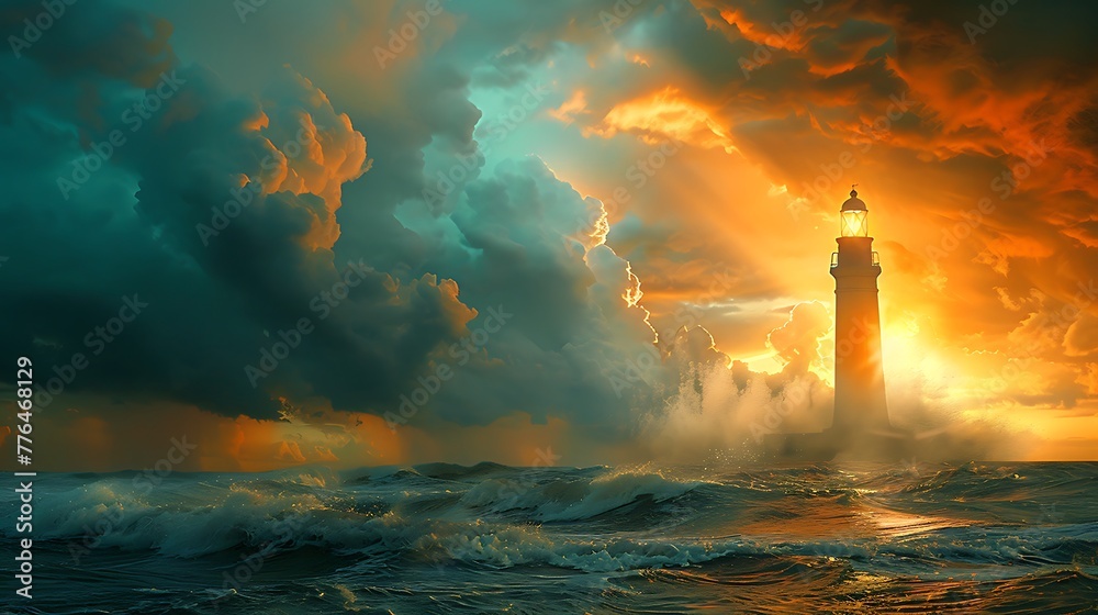 Sunlight breaking through storm clouds over a coastal lighthouse at dawn - guiding light through darkness