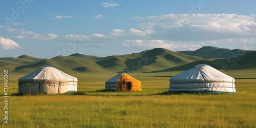 Serene Mongolian Landscape with Nomadic Yurts