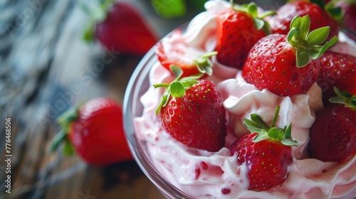 Fresh Strawberries with Whipped Cream in Glass Bowl