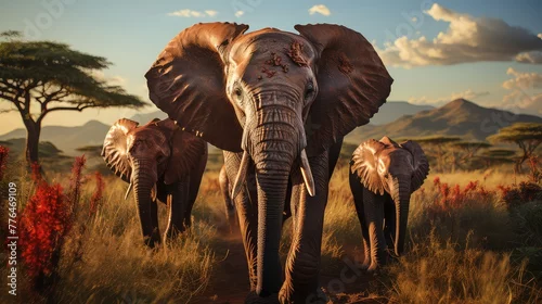 Obraz closeup shot of an elephant family walking across UHD Wallpaper